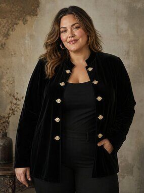 J.B.S. LTD Vintage Black Velvet Blazer with Gold Jewel Buttons – Size 16 In EUC